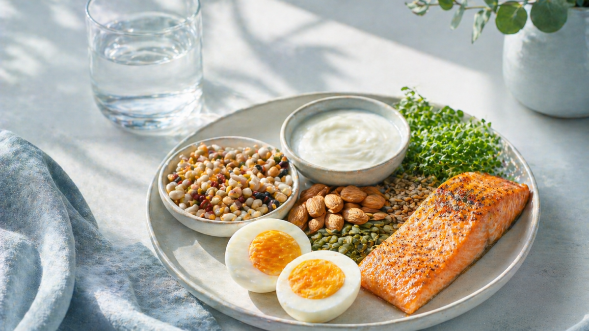 Teller mit proteinreichen Lebensmitteln und Glas Wasser auf hellem Tisch.