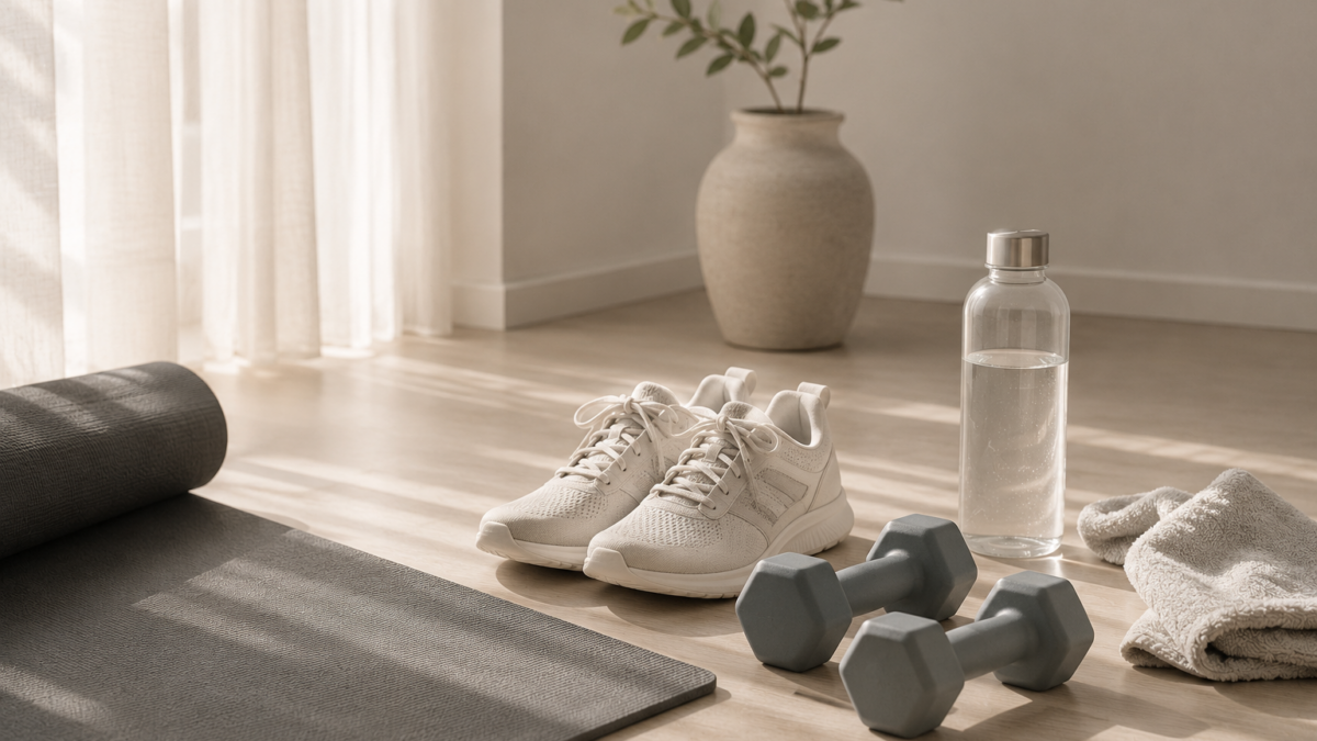 Yogamatte, Sportschuhe, Wasserflasche, Handtuch und Hanteln in einem ruhigen hellen Raum – Symbol für Bewegung, Training und Regeneration ab 40.
