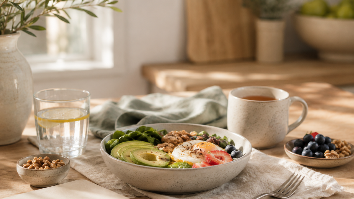 Nährstoffreicher Frühstückstisch als Symbol dafür, Hormone ab 40 durch Ernährung in Balance zu bringen