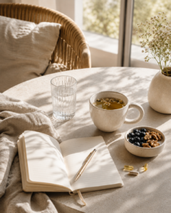 Ruhiger Morgenmoment mit Tee, Wasser und Notizbuch als Symbol für Müdigkeit ab 40, Erschöpfung und neue Energie