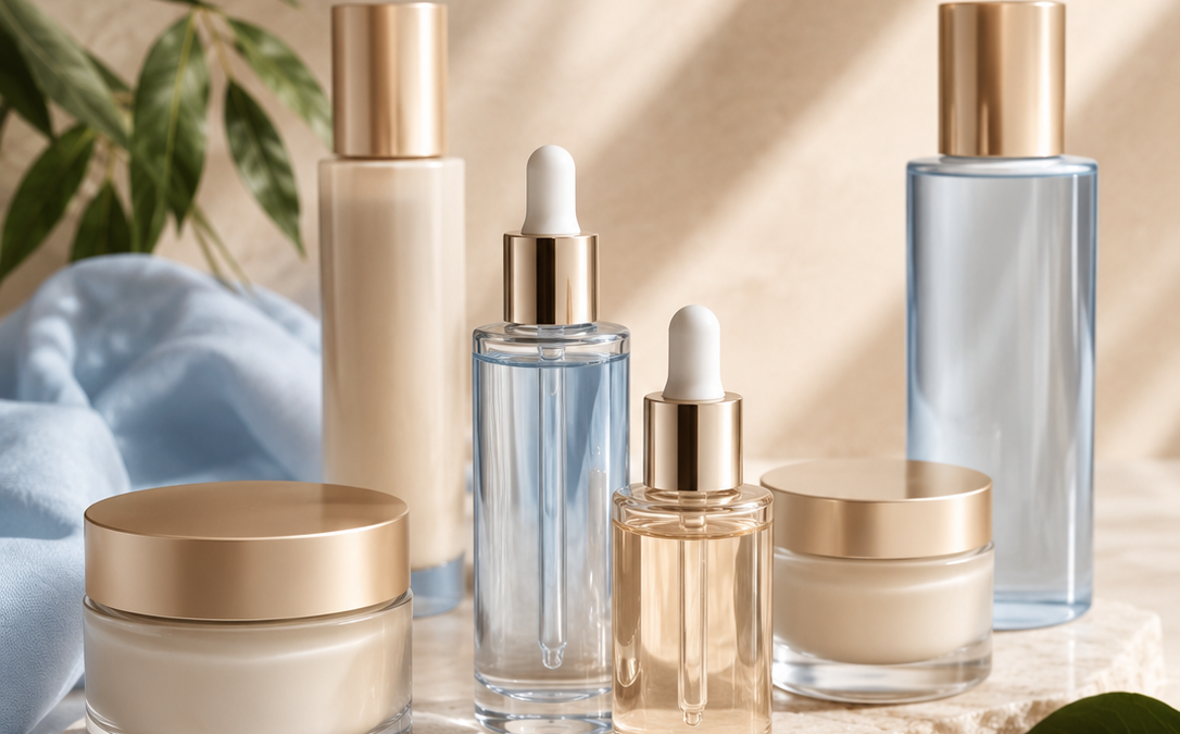 Luxuriöses Clean-Cosmetics-Stillleben mit hochwertigen Hautpflegeprodukten für Haut ab 40