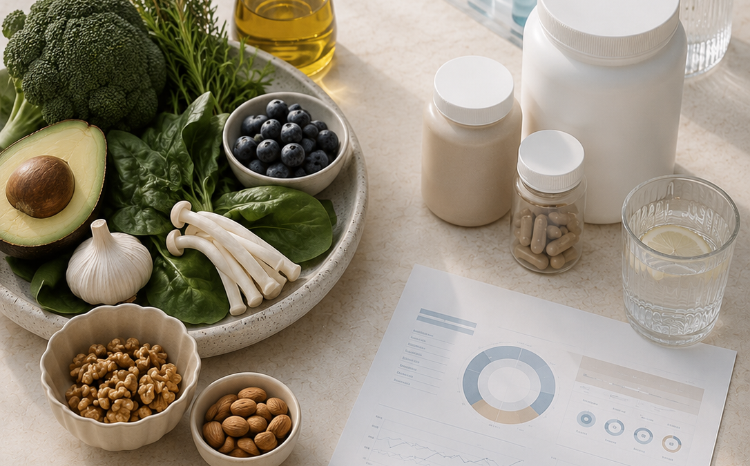 Longevity-Stillleben mit Laborwerten, Supplements und natürlichen Lebensmitteln